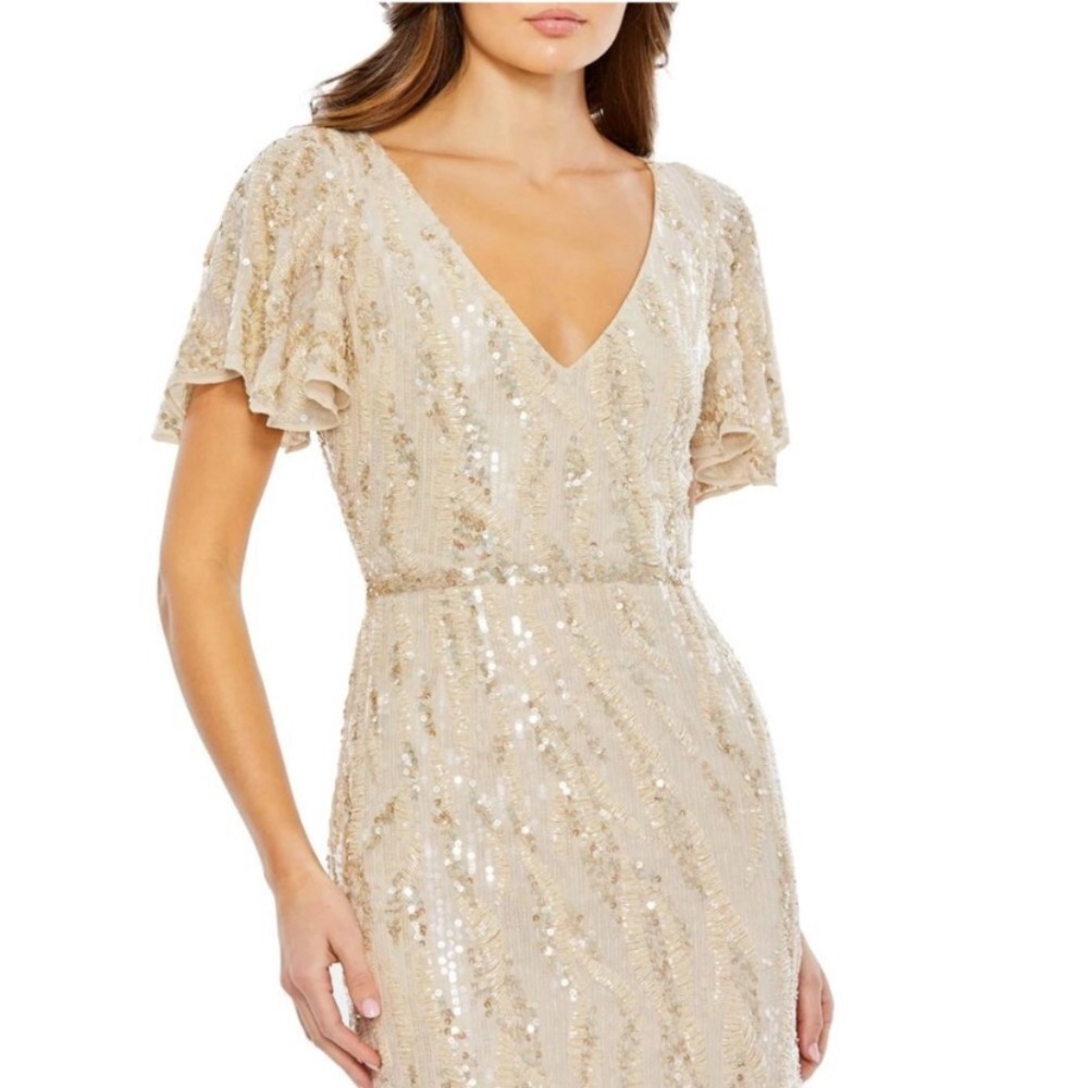 MacDuggal Sequined V-neck flutter sleeve tea length in Oyster, style #93591